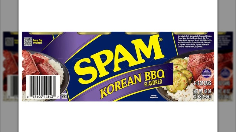 Box of Korean BBQ Spam processed meat product on white background