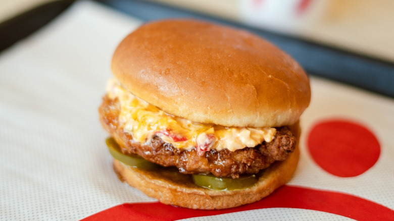 close up of a Honey Pepper Pimento Sandwich on Chick-fil-A tray