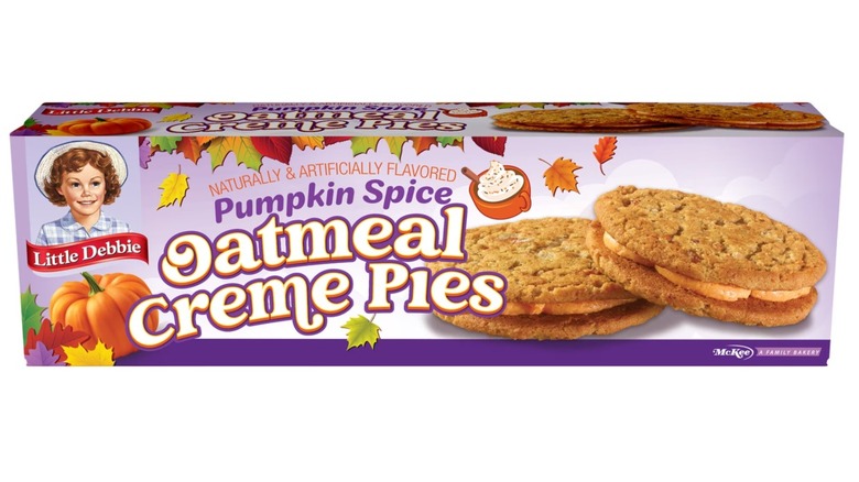 Purple box of Little Debbie Pumpkin Spice Oatmeal Creme Pies with fall leaf and pumpkin design
