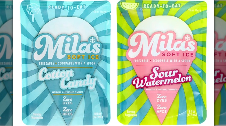 Bags of Mila's Soft Ice frozen desserts in cotton candy and sour watermelon varieties
