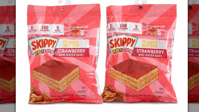 Two pink bags of Skippy PB&J Strawberry Mini Wafer Bars