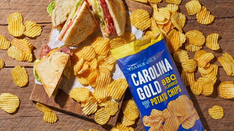 Trader Joe's Carolina Gold Style BBQ Ridge Cut Potato Chips on a wooden table