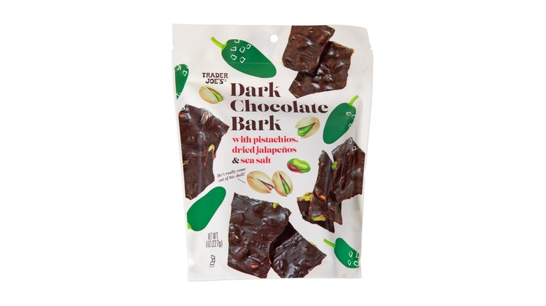 Trader Joe's Dark Chocolate Bark with pistachios, dried jalapeños, and sea salt