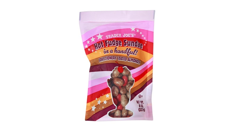 A beauty shot of Trader Joe's Hot Fudge Sundae in a Handful Confectionary Coated Almonds on a white background