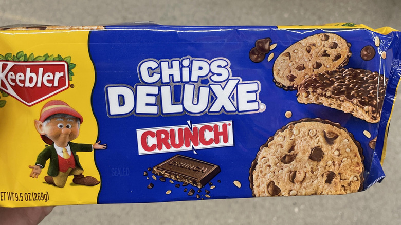 A blue and yellow package of Keebler brand Chips Deluxe CRUNCH cookies