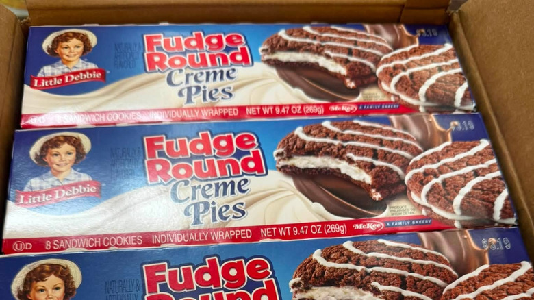 A case of Little Debbie brand Fudge Round Creme Pies