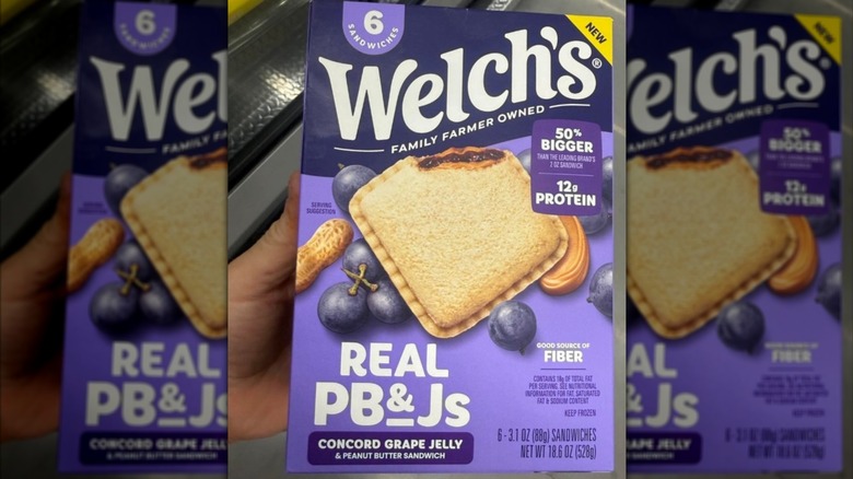 A box of Welch's grape jelly flavored real PB&J's