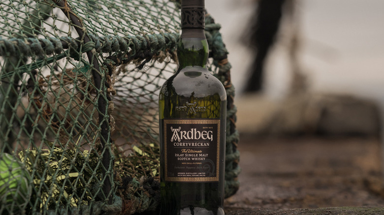 Bottle of Ardbeg Corryvreckan next to an empty fishing crate