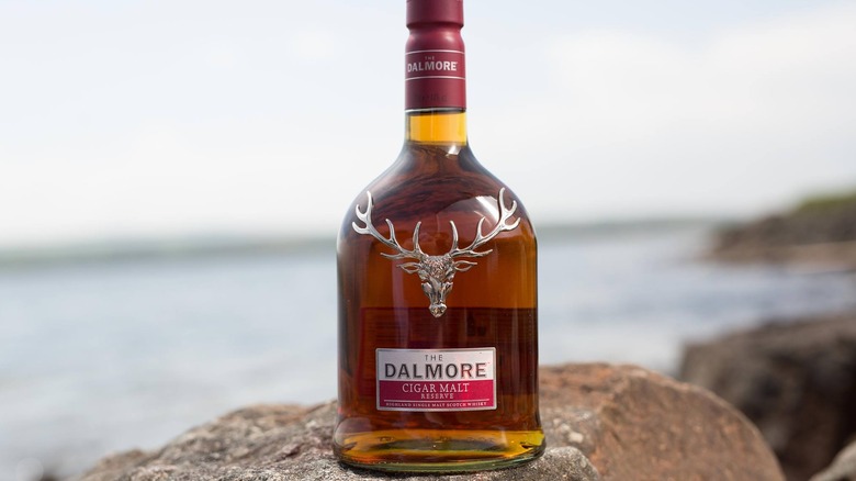 Bottle of The Dalmore Cigar Malt Reserve on top of a rock outdoors