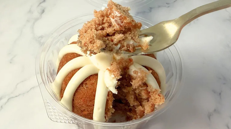 A piece of the Nothing Bundt Cakes carrot cake on a fork