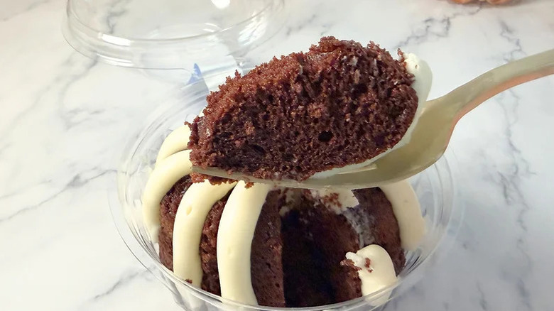 Chocolate chocolate chip bundt cake piece on a fork