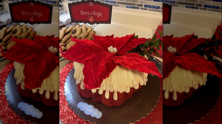 Red velvet bundt cake decorated for Christmas