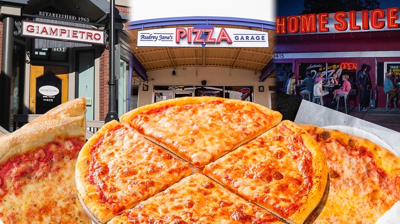 New York-style pizzas composite image with storefronts for Giampietro, Audrey Jane's, and Home Slice