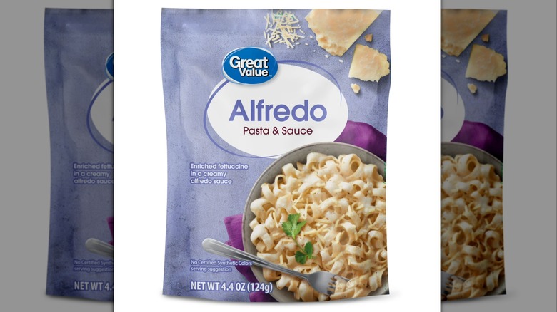 A purple pouch of Great Value ready-made Alfredo meal