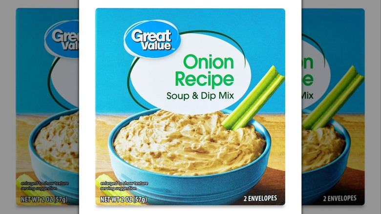 Product box of Great Value Onion Recipe mix, displaying a celery stick in a dip