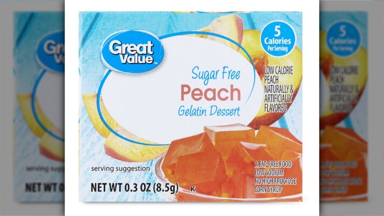 Product box of Great Value Peach Gelatin Dessert displaying peaches and gelatin cubes