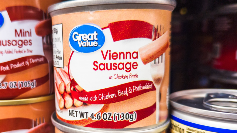 A can of Great Value Vienna Sausage stacked on the store shelf