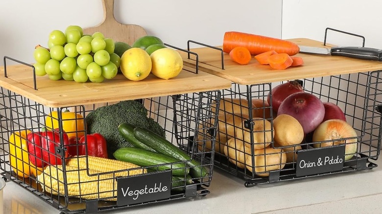 Aozita Stackable Wire Baskets with produce