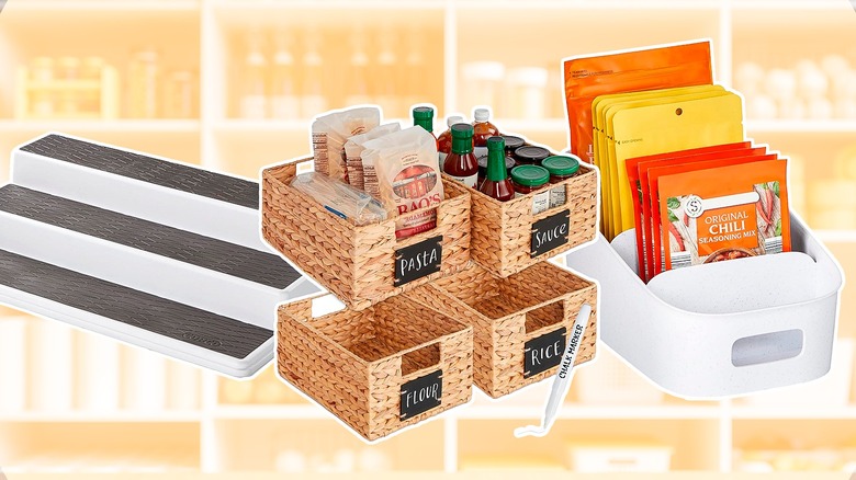 Various pantry organizers against a yellow-filtered pantry background