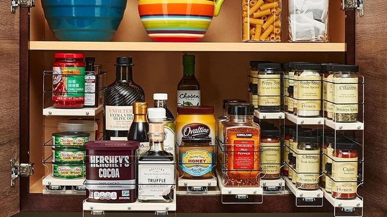 An organzied pantry with Vertical Spice Cabinet Mounted Spice Racks