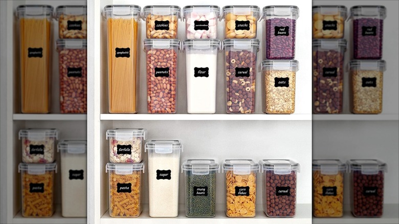 Clear airtight storage containers on shelves
