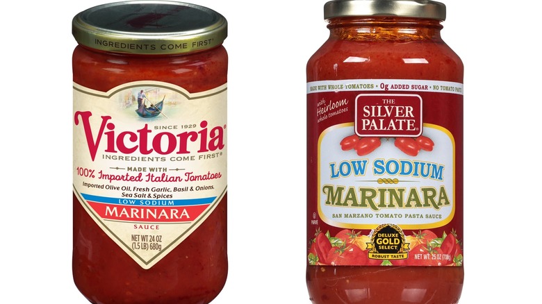 Split image of Victoria Low Sodium Marinara and The Silver Palate Low Sodium Marinara