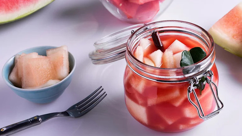 Pickled Watermelon Rind in glass jar