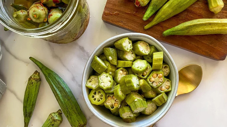 Refrigerator Pickled Okra in small blue bowl