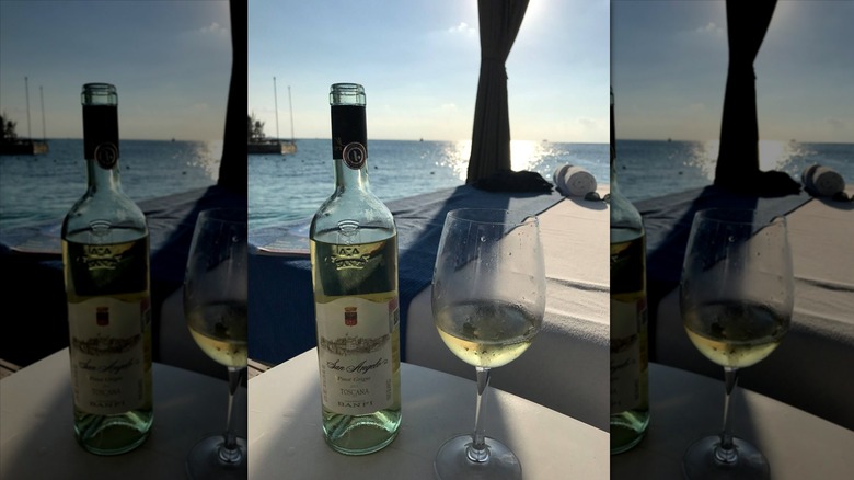 Bottle and glass of Banfi San Angelo Pinot Grigio in front of a body of water