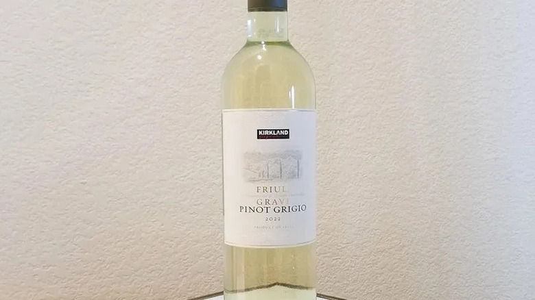 Costco's Kirkland Signature Pinot Grigio Friuli Grave bottle against a white background