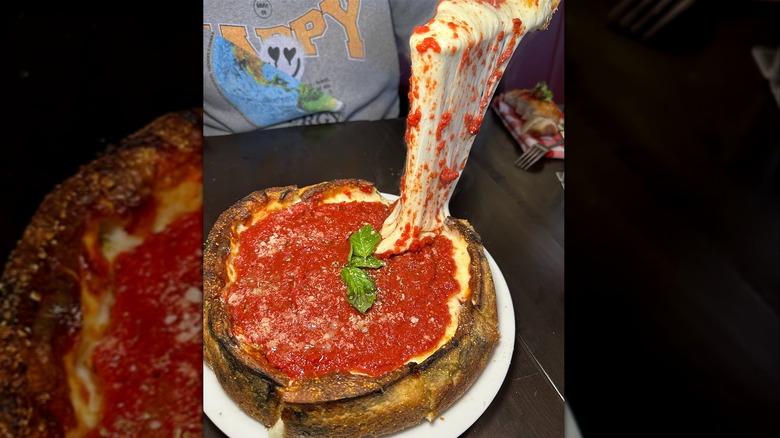 Chicago pizza with cheese pull