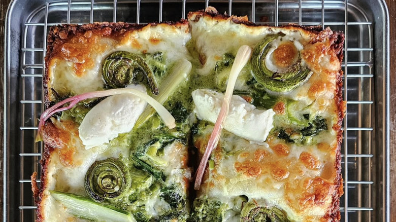 Detroit pizza with ramps on cooling rack