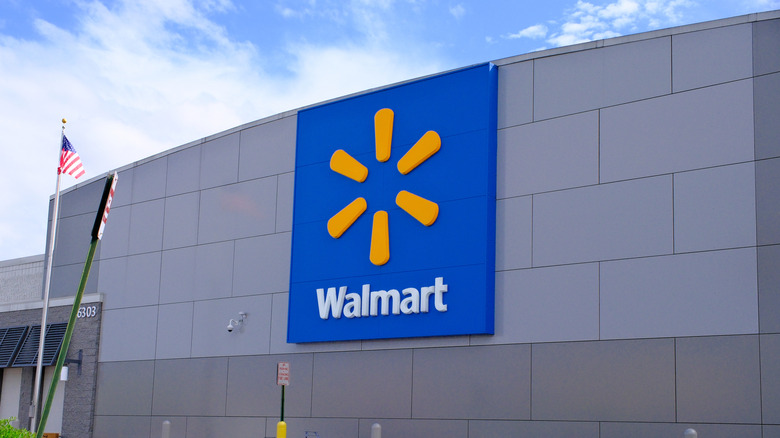 Walmart store exterior with store name and logo displayed against blue sign