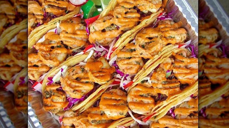Tray of shrimp tacos