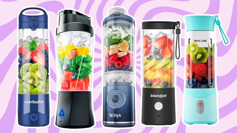 various portable blenders displayed side by side over graphic