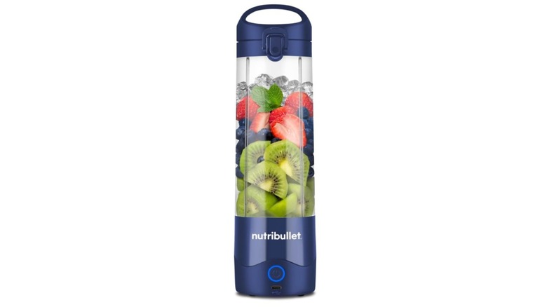 A blue Nutribullet portable blender