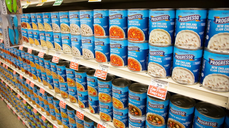 various Progresso soup cans on shelves
