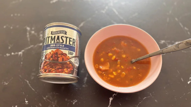 Progresso Pitmaster soup in a can and a bowl