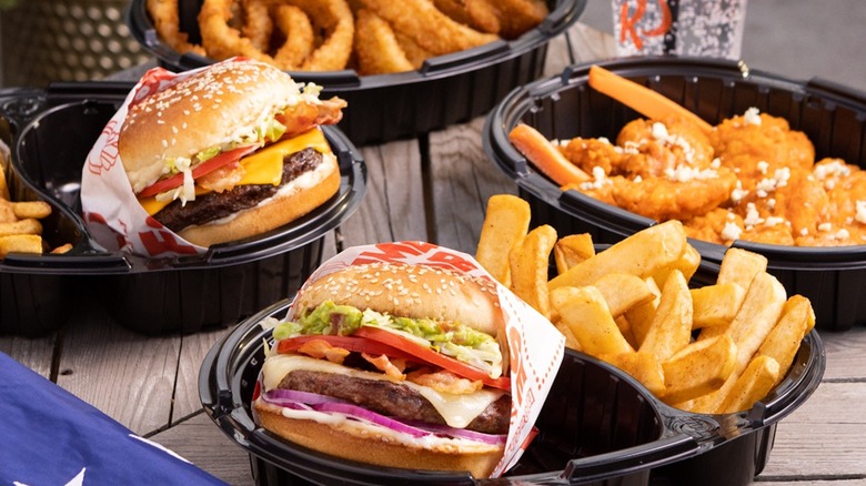Red Robin burgers with fries and onion rings