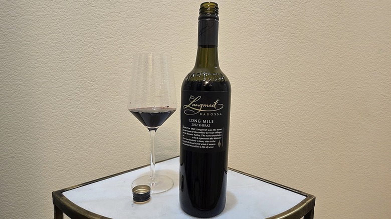 Bottle of Longmeil Long Mile Barossa Shiraz and glass