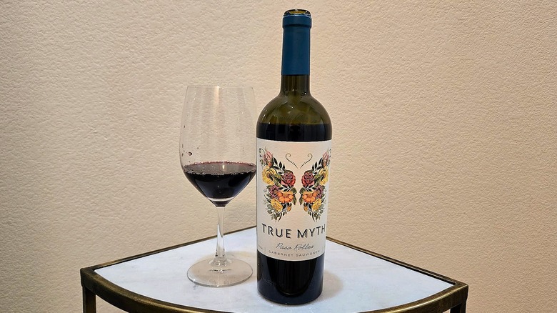 Bottle of True Myth Paso Robles Cabernet Sauvignon and glass