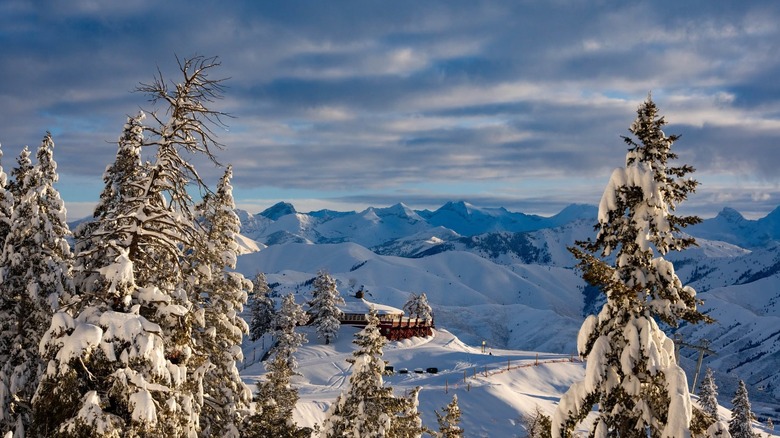 The Roundhouse restaurant from afar surrounded by mountains