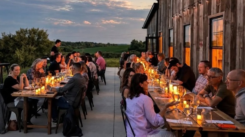 People dining outside near rolling hills