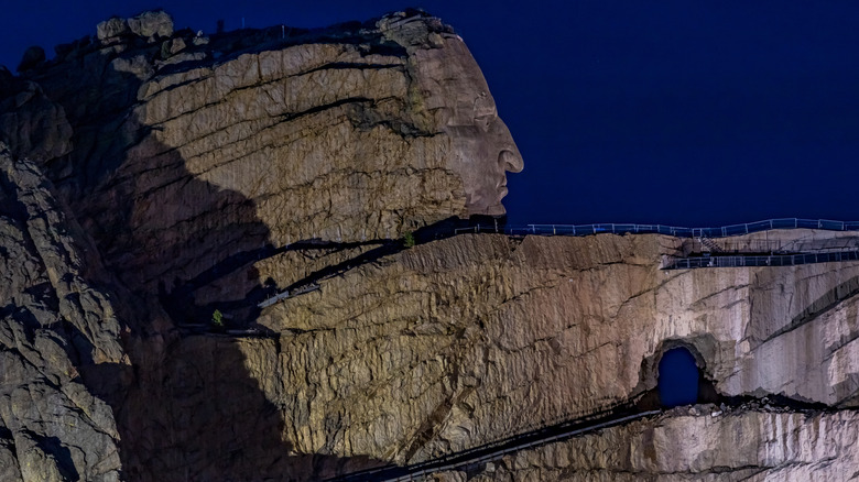 Nighttime view of the Crazy Horse Memorial