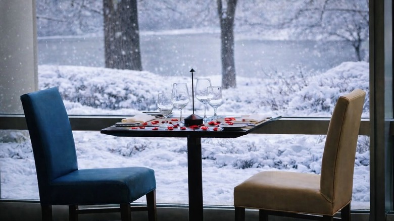 Table with a winter landscape outside 2941 Restaurant