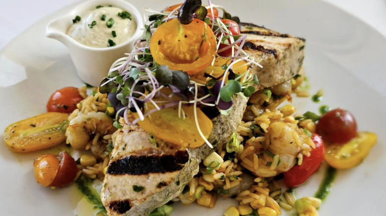 Plate of seafood with rice