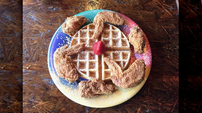 Wings and waffle on plate