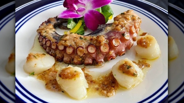 Grilled octopus with scallops