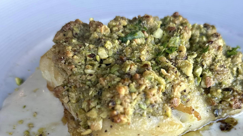 Luna Blu pistachio-crusted halibut