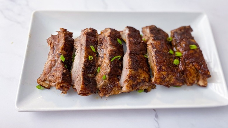 Instant Pot Ribs on rectangular white plate